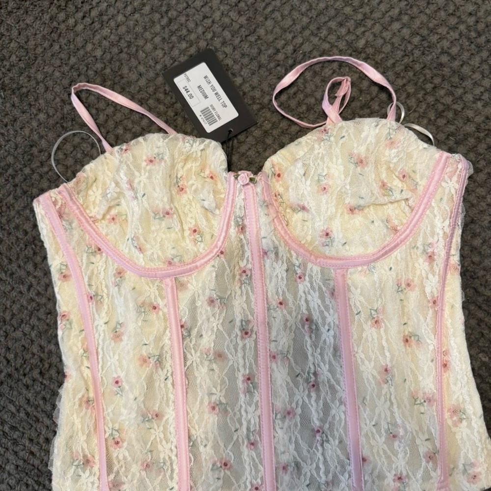 Floral Lace Corset Top with Pink Accents